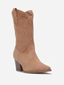 Hot La Modeuse Santiags en suédine à motifs surpiqués Camel