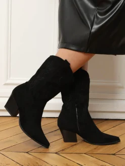 Discount La Modeuse Santiags en suédine à motifs surpiqués Noir