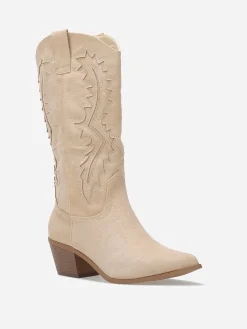 Hot La Modeuse Santiags en suédine à talon et surpiqûres Beige