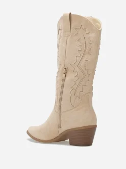 Hot La Modeuse Santiags en suédine à talon et surpiqûres Beige