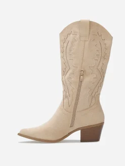 Hot La Modeuse Santiags en suédine à talon et surpiqûres Beige