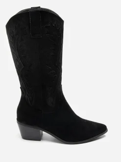 Clearance La Modeuse Santiags en suédine à talon et surpiqûres Noir