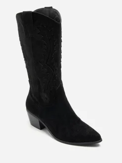 Clearance La Modeuse Santiags en suédine à talon et surpiqûres Noir