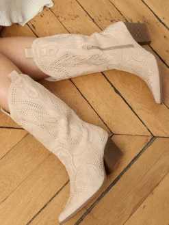 Online La Modeuse Santiags mi-hautes à strass Beige