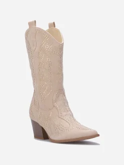 Online La Modeuse Santiags mi-hautes à strass Beige
