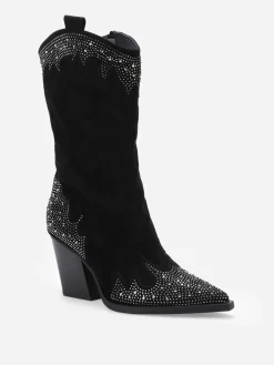 Online La Modeuse Santiags pointues en suédine et à strass Noir