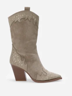 Outlet La Modeuse Santiags pointues en suédine et à strass Taupe