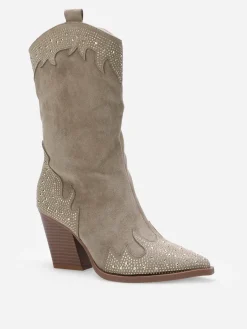 Outlet La Modeuse Santiags pointues en suédine et à strass Taupe
