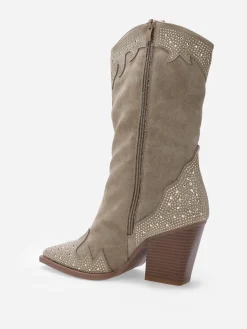 Outlet La Modeuse Santiags pointues en suédine et à strass Taupe