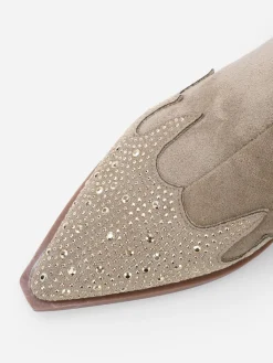 Outlet La Modeuse Santiags pointues en suédine et à strass Taupe
