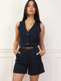 Clearance La Modeuse Short à pinces avec ceinture BleuMarine