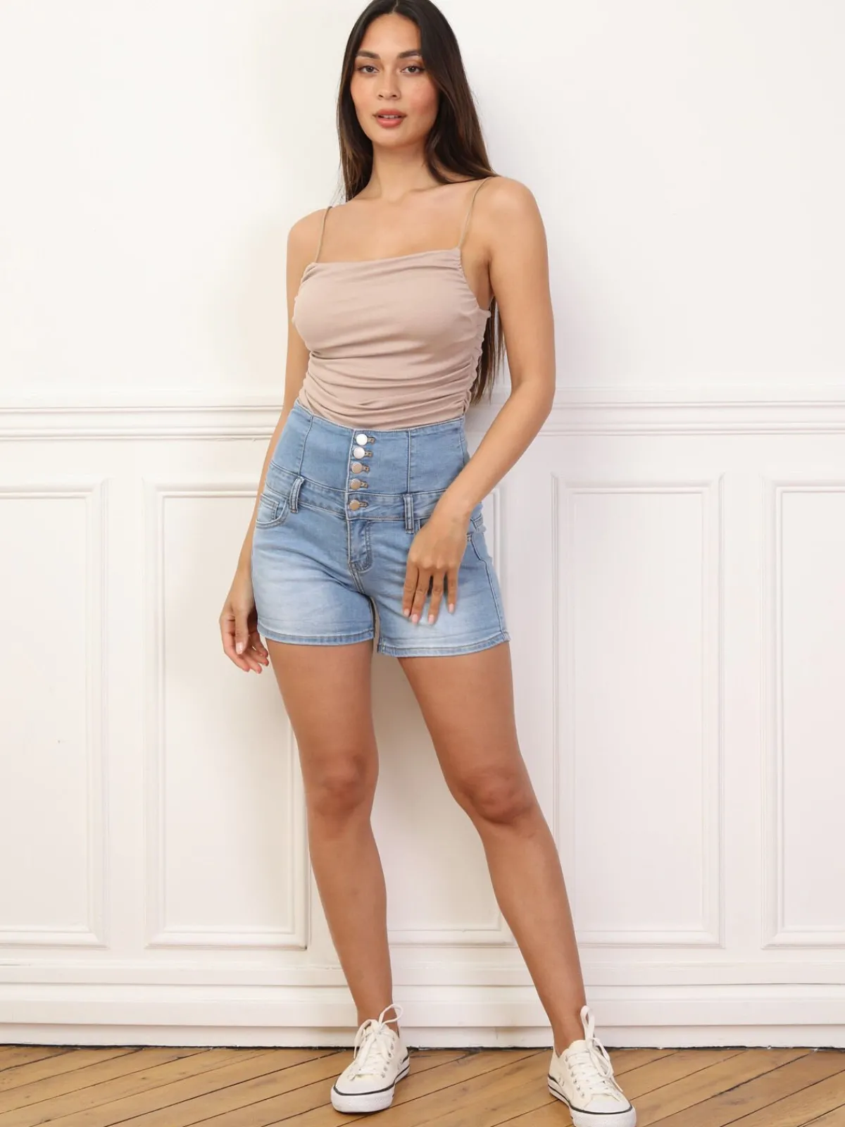 Clearance La Modeuse Short en jeans à taille haute boutonnée Bleu