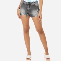 Outlet La Modeuse Short en jeans destroy à clous Gris