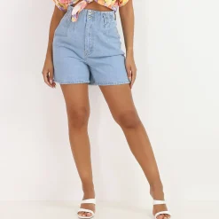 Outlet La Modeuse Short en jeans taille haute à pinces Bleu