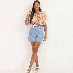 Outlet La Modeuse Short en jeans taille haute à pinces Bleu
