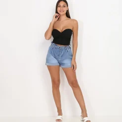Discount La Modeuse Short froncé et ceinturé en jean Bleu