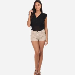 La Modeuse Short moulant en jeans à laçage Beige