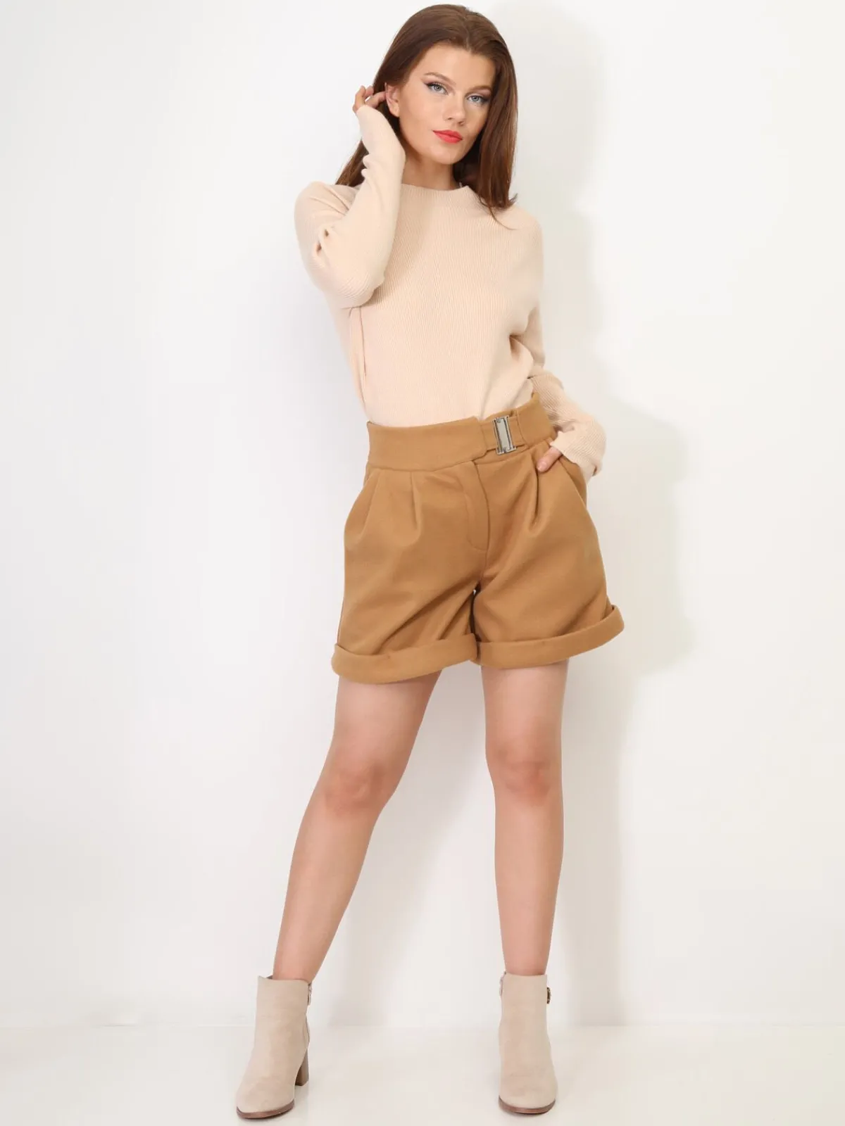 Best La Modeuse Short taille haute style paperbag Camel