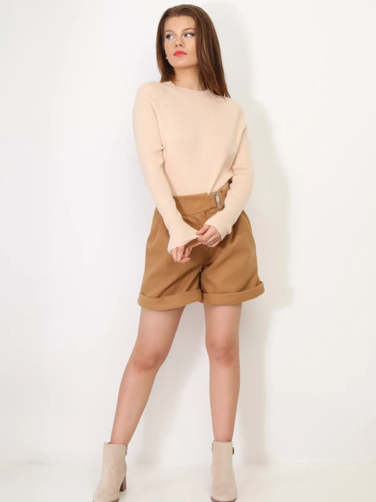 Best La Modeuse Short taille haute style paperbag Camel