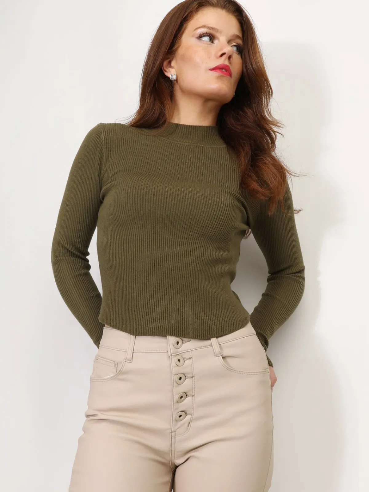 Online La Modeuse Sous pull côtelé à col montant Kaki