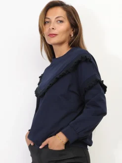 Discount La Modeuse Sweat-shirt à volants contrastants BleuMarine