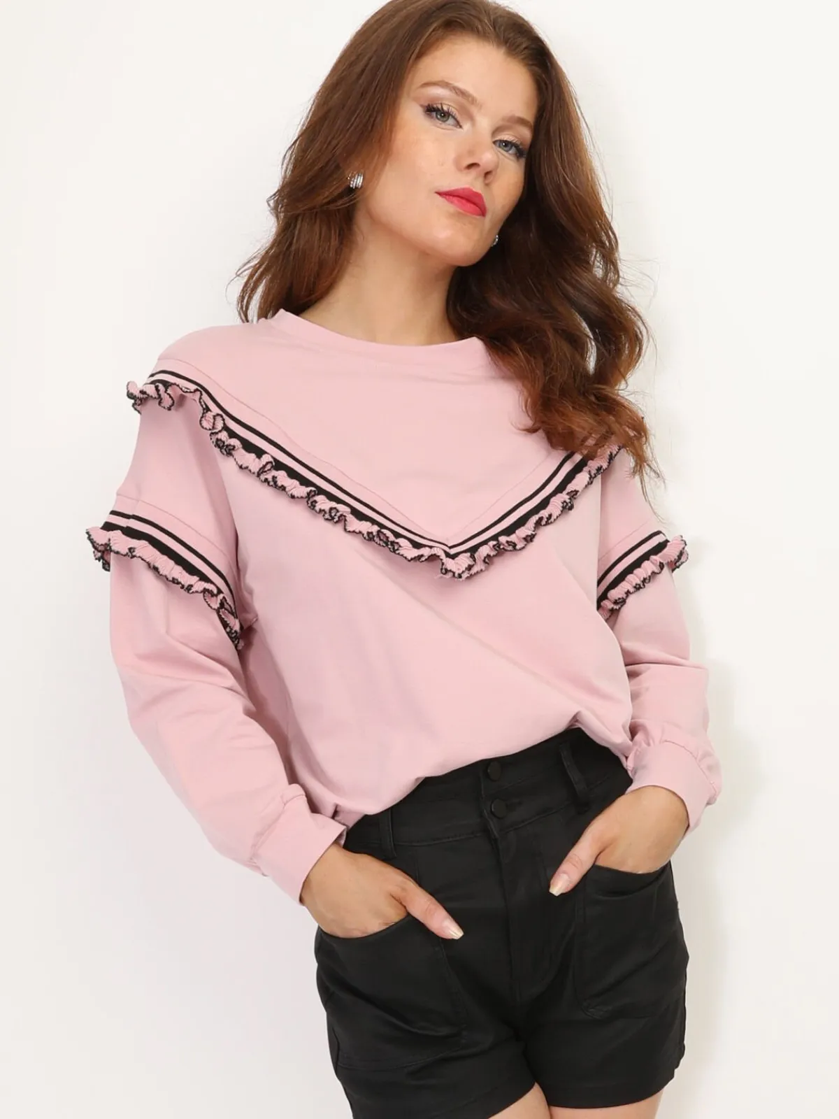 Sale La Modeuse Sweat-shirt à volants contrastants Rose