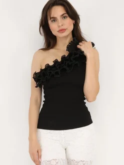 Online La Modeuse Top à col asymétrique volanté Noir
