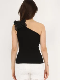 Online La Modeuse Top à col asymétrique volanté Noir