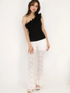 Online La Modeuse Top à col asymétrique volanté Noir