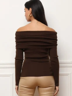 Outlet La Modeuse Top à col bardot et manches longues Marron