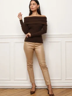 Outlet La Modeuse Top à col bardot et manches longues Marron