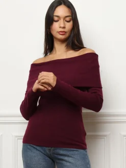 Discount La Modeuse Top à col bardot et manches longues Bordeaux