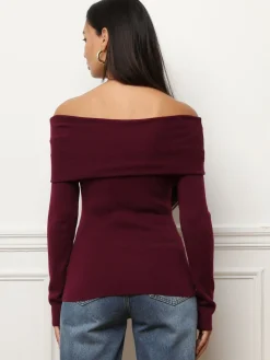 Discount La Modeuse Top à col bardot et manches longues Bordeaux