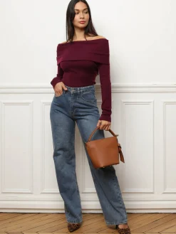 Discount La Modeuse Top à col bardot et manches longues Bordeaux