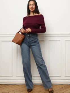Discount La Modeuse Top à col bardot et manches longues Bordeaux