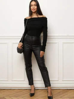 Clearance La Modeuse Top à col bardot et manches longues Noir