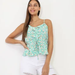 Online La Modeuse Top à fleurs avec volants et lanières Vertclair