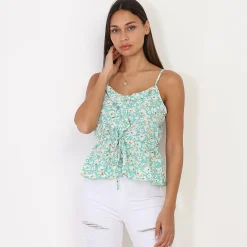Online La Modeuse Top à fleurs avec volants et lanières Vertclair