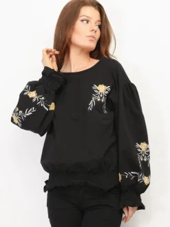 Discount La Modeuse Top à manches froncées et fleurs brodées Noir
