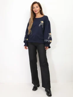 Best La Modeuse Top à manches froncées et fleurs brodées BleuMarine