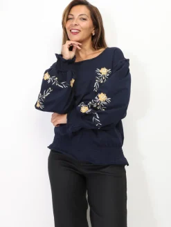 Best La Modeuse Top à manches froncées et fleurs brodées BleuMarine