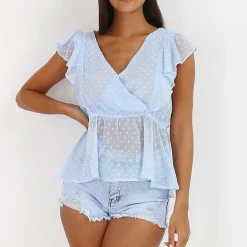 Best La Modeuse Top à volants et plumetis BleuClair