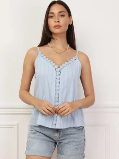 Online La Modeuse Top avec détails en crochet fleuri BleuClair