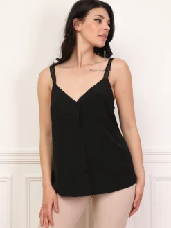Outlet La Modeuse Top boutonné à bretelles en crochet Noir