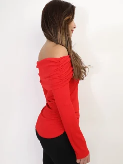 Hot La Modeuse Top col bardot et fronces Rouge