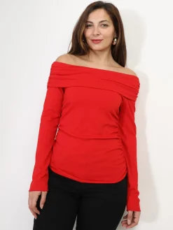 Hot La Modeuse Top col bardot et fronces Rouge