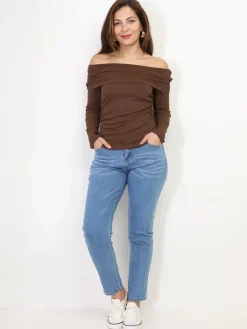 Hot La Modeuse Top col bardot et fronces Marron