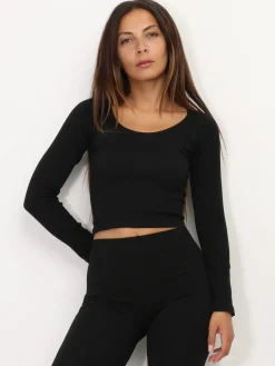 Clearance La Modeuse Top court côtelé basique Noir