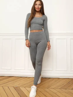 Discount La Modeuse Top court côtelé basique Gris