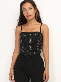 Hot La Modeuse Top court froncé à strass Noir